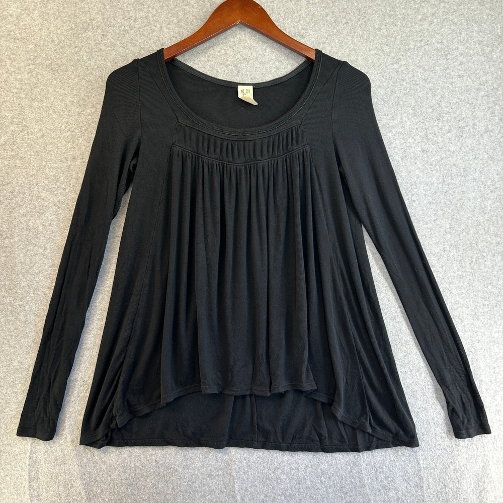 We The Free Size XS Top Black Ribbed Pleated Babydoll High Low Long Sleeve Boho